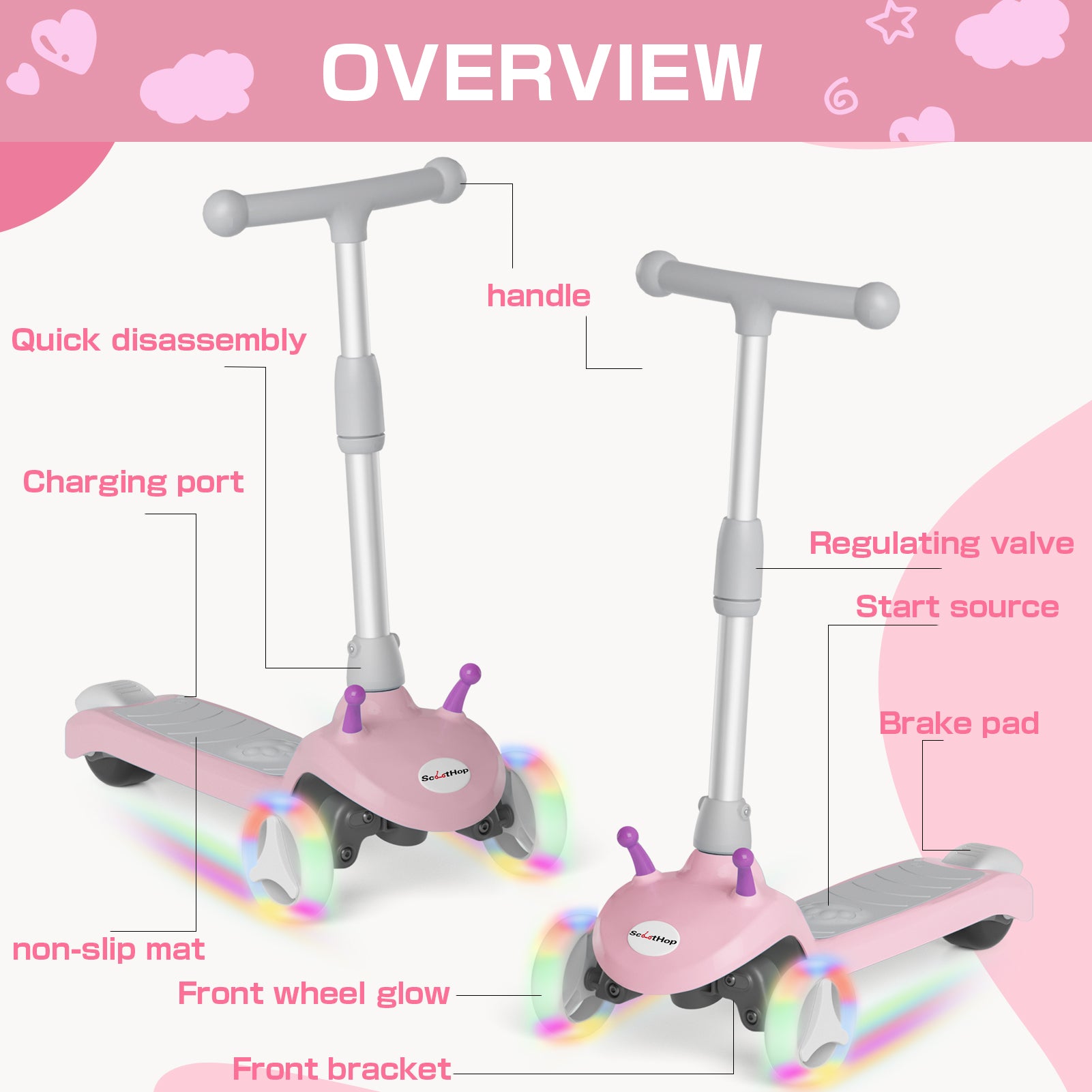 ScootHop K3- Kid Electric Scooter,LED Light-up Wheels, 3 Height Adjustable, C-Shaped Handle, Lean-to Steer Design